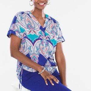 Chico's Colorful Paisley Print Short Sleeve V-Neck Top Blouse Size 0 Petite